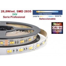 Tira LED Flexible 24V 28,8W/mt 160 Led/mt SMD 2835 IP20 CCT 2400ºK a 6000ºK IRC>90, Serie Profesional, Venta por metros